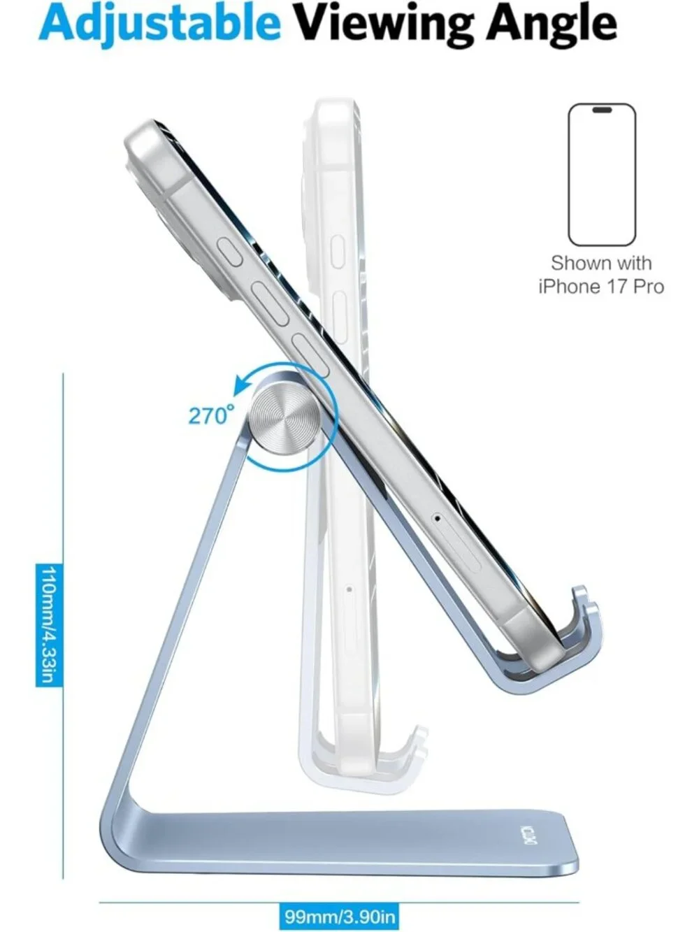 Adjustable Aluminum Cell Phone Stand, Anti-Slip Base, Convenient Charging Port